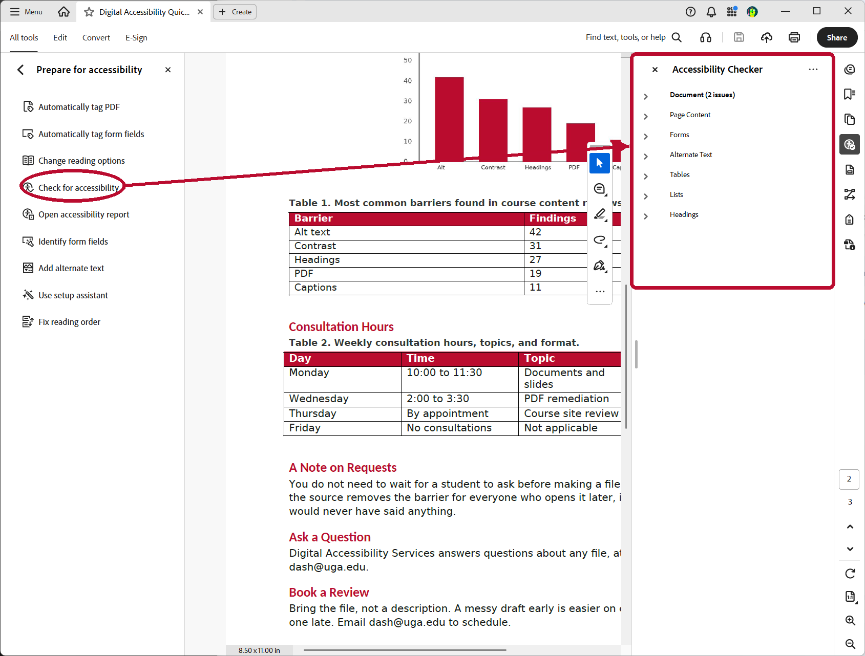 Adobe Acrobat with the Prepare for accessibility panel open beside the Accessibility Checker results for the demonstration PDF.