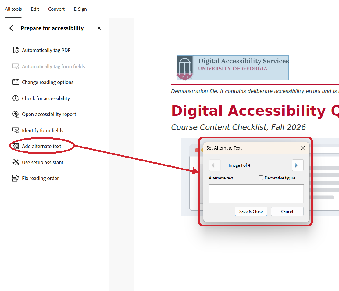 Adobe Acrobat Set Alternate Text dialog showing the alternative-text field and the Decorative figure checkbox.