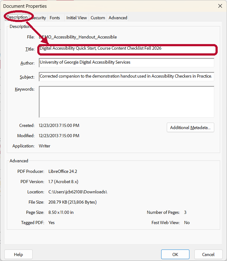 Adobe Acrobat Document Properties window on the Description tab, with the Title field filled in as Digital Accessibility Quick Start, Course Content Checklist Fall 2026.