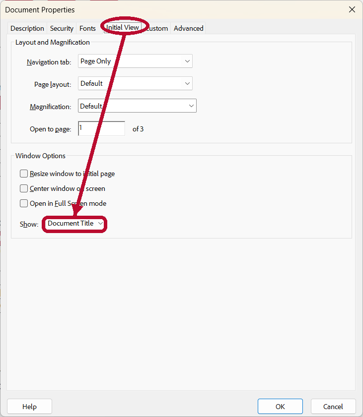 Adobe Acrobat Document Properties window on the Initial View tab, with the Show menu under Window Options set to Document Title.