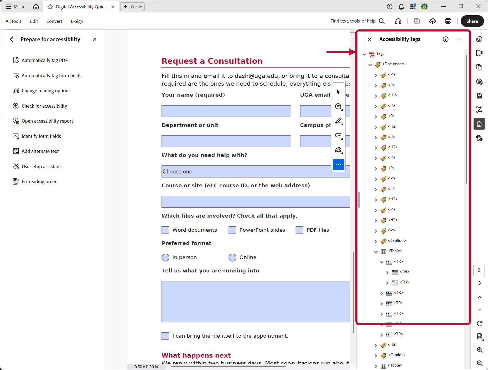 Adobe Acrobat Accessibility tags panel showing an expanded document structure with heading, paragraph, figure, section, and table tags.