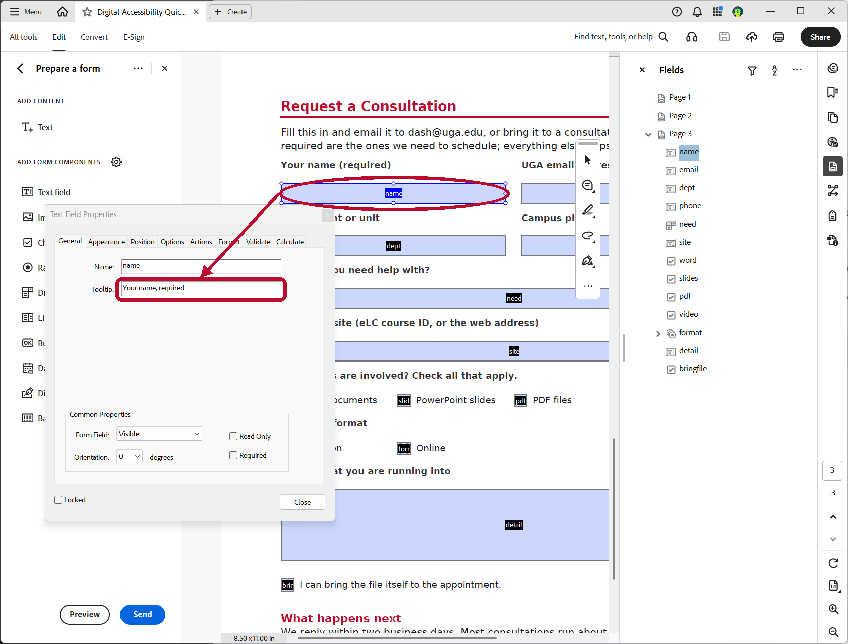 Adobe Acrobat Prepare a form workspace with the Your name field selected and its Name and Tooltip settings shown in Text Field Properties.